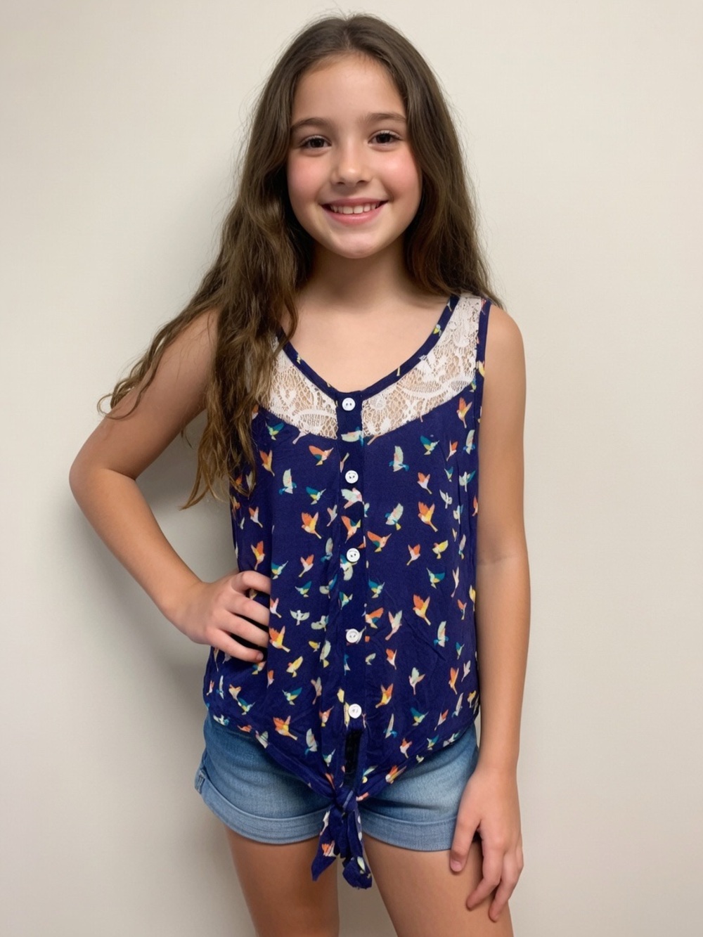 Charlotte Russe Navy Bird-Print Lace Tie-Front Tank EUC Size S